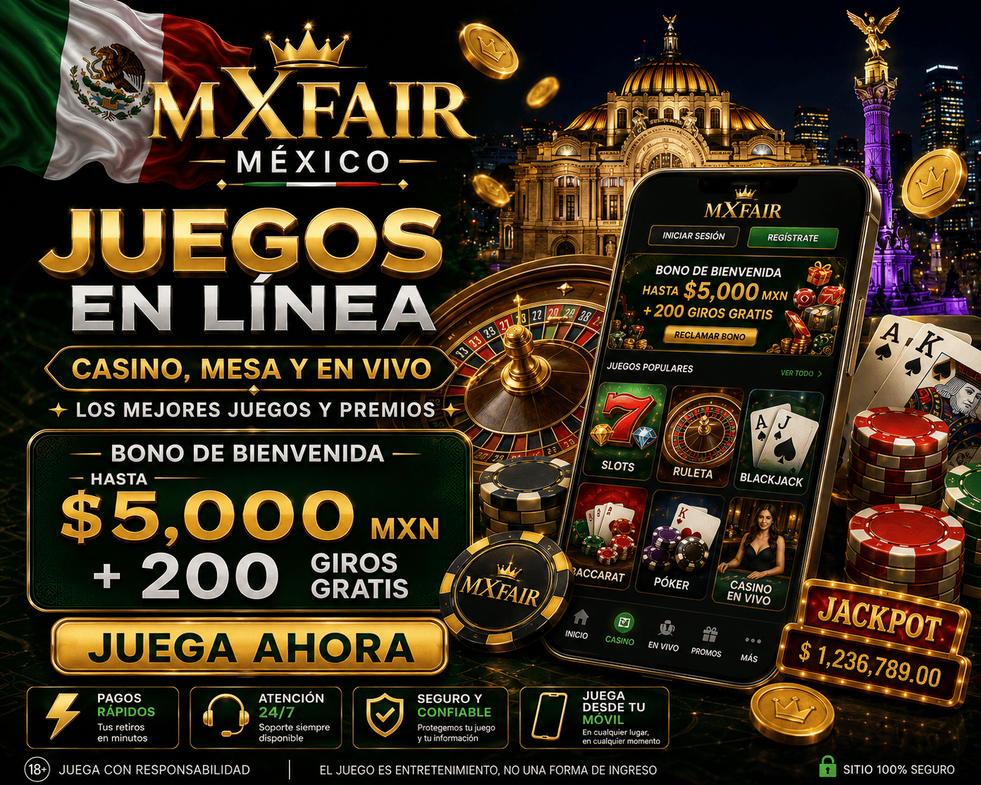 Resumen de juegos de mxfair con mesas en vivo, cartas, fichas y navegación por categorías